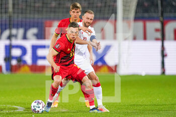2021-03-30 - Leandro Trossard of Belgium and Igor Stasevich of Belarus during the 2022 FIFA World Cup, Qualifiers, Group E football match between Belgium and Belarus on March 30, 2021 at Den Dreef in Leuven, Belgium - Photo Jeroen Meuwsen / Orange Pictures / DPPI - MONDIALI FIFA 2020, QUALIFICAZIONI, GRUPPO E - BELGIO VS BIELLORUSSIA - FIFA WORLD CUP - SOCCER