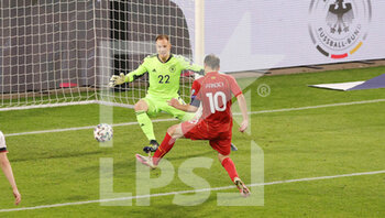 2021-03-31 - Goran Pandev of North Macedonia scores a goal 0-1, Marc-Andre ter Stegen of Germany during the 2022 FIFA World Cup, Qualifiers, Group J football match between Germany and North Macedonia on March 31, 2021 at Schauinsland-Reisen-Arena in Duisburg, Germany - Photo Ralf Ibing / firo Sportphoto / DPPI - MONDIALI FIFA 2022, QUALIFICAZIONI, GRUPPO J - GERMANIA VS MACEDONIA DEL NORD - FIFA WORLD CUP - SOCCER