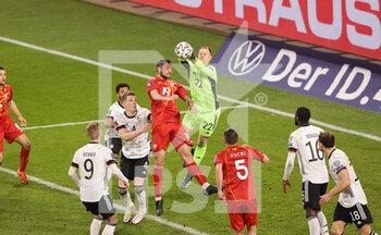 2021-03-31 - Marc-Andre ter Stegen of Germany and Darko Velkovski of North Macedonia during the 2022 FIFA World Cup, Qualifiers, Group J football match between Germany and North Macedonia on March 31, 2021 at Schauinsland-Reisen-Arena in Duisburg, Germany - Photo Ralf Ibing / firo Sportphoto / DPPI - MONDIALI FIFA 2022, QUALIFICAZIONI, GRUPPO J - GERMANIA VS MACEDONIA DEL NORD - FIFA WORLD CUP - SOCCER