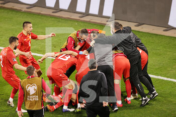 2021-03-31 - Eljif Elmas of North Macedonia celebrates after his goal with teammates during the 2022 FIFA World Cup, Qualifiers, Group J football match between Germany and North Macedonia on March 31, 2021 at Schauinsland-Reisen-Arena in Duisburg, Germany - Photo Ralf Ibing / firo Sportphoto / DPPI - MONDIALI FIFA 2022, QUALIFICAZIONI, GRUPPO J - GERMANIA VS MACEDONIA DEL NORD - FIFA WORLD CUP - SOCCER