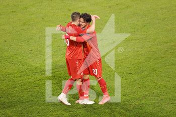 2021-03-31 - Eljif Elmas of North Macedonia celebrates after his goal with Arijan Ademi during the 2022 FIFA World Cup, Qualifiers, Group J football match between Germany and North Macedonia on March 31, 2021 at Schauinsland-Reisen-Arena in Duisburg, Germany - Photo Ralf Ibing / firo Sportphoto / DPPI - MONDIALI FIFA 2022, QUALIFICAZIONI, GRUPPO J - GERMANIA VS MACEDONIA DEL NORD - FIFA WORLD CUP - SOCCER