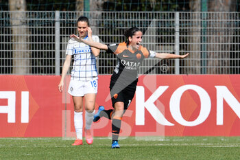 2021-03-20 - Claudia Ciccotti of AS Roma celebrates after scoring goal 3-0 seen in action during the Italian Football Championship League A Women 2020/2021 match between AS Roma vs FC Internazionale at the “Agostino Di Bartolomei” in the Fulvio Bernardini Sports Center in Trigoria - AS ROMA VS FC INTERNAZIONALE - ITALIAN SERIE A WOMEN - SOCCER