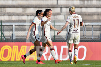 2021-03-27 - Agnese Bofantini of AS Roma celebrates after scoring goal 2-0 with Andressa Alves Da Silva of AS Roma and Kaja Erzen of AS Roma seen in action - AS ROMA VS SAN MARINO ACADEMY - ITALIAN SERIE A WOMEN - SOCCER