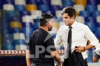 2020-07-05 - Paulo Fonseca (R) head coach of Roma AND Rino Gattuso head coach of Napoli before match Serie A TIM between SSC Napoli and AS Roma on July 05 2020 in Naples (Italy) at San Paolo Stadium Photo LPS/MARCO IORIO - NAPOLI VS ROMA - ITALIAN SERIE A - SOCCER