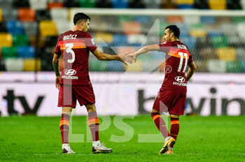 2020-10-03 - Pedro Ledesma Rodriguez (AS Roma) celebrate after scoring with Roger Ibanez (AS Roma) - UDINESE VS ROMA - ITALIAN SERIE A - SOCCER