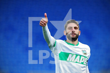 2020-12-06 - Domenico Berardi of Sassuolo gestures during the Italian championship Serie A football match between AS Roma and US Sassuolo Calcio on December 6, 2020 at Stadio Olimpico in Rome, Italy - Photo Federico Proietti / DPPI - AS ROMA VS US SASSUOLO CALCIO - ITALIAN SERIE A - SOCCER