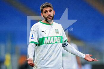 2020-12-06 - Domenico Berardi of Sassuolo reacts during the Italian championship Serie A football match between AS Roma and US Sassuolo Calcio on December 6, 2020 at Stadio Olimpico in Rome, Italy - Photo Federico Proietti / DPPI - AS ROMA VS US SASSUOLO CALCIO - ITALIAN SERIE A - SOCCER