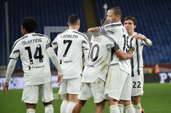 2020-12-13 - Paulo Dybala (Juventus), Leonardo Bonucci (Juventus), celebrates after scoring a goal - GENOA VS JUVENTUS - ITALIAN SERIE A - SOCCER