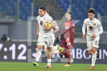 2020-12-17 - ROME, ITALY - December 17 : Andrea Belotti ( 9 ) of Torino FC celebrates after scores a goal during Italian Serie A soccer match between AS Roma and Torino FC at Stadio Olimpico on December 17,2020 in Rome Italy  - ROMA VS TORINO - ITALIAN SERIE A - SOCCER