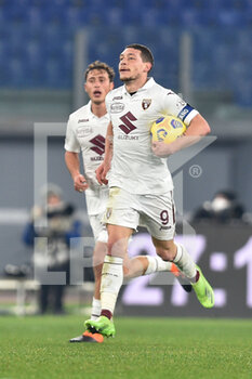 2020-12-17 - ROME, ITALY - December 17 : Andrea Belotti ( 9 ) of Torino FC celebrates after scores a goal during Italian Serie A soccer match between AS Roma and Torino FC at Stadio Olimpico on December 17,2020 in Rome Italy  - ROMA VS TORINO - ITALIAN SERIE A - SOCCER