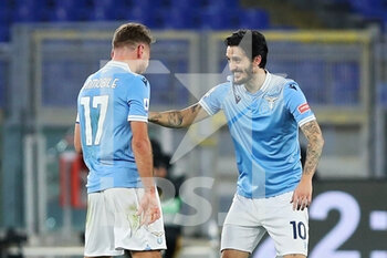 2021-01-15 - Luis Alberto of Lazio (R) celebrates with Ciro Immobile after scoring 3-0 goal during the Italian championship Serie A football match between SS Lazio and AS Roma on January 15, 2021 at Stadio Olimpico in Rome, Italy - Photo Federico Proietti / DPPI - SS LAZIO VS AS ROMA - ITALIAN SERIE A - SOCCER