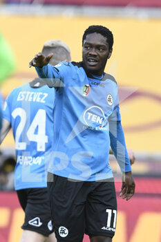 2021-01-23 - ROME, ITALY - January 23 : Emmanuel Gyasi of Spezia celebrate after Roberto Piccoli scoring a goal during the Italian Serie A soccer match between AS Roma and Spezia at Stadio Olimpico on January 23,2021 in Rome Italy  - AS ROMA VS SPEZIA CALCIO - ITALIAN SERIE A - SOCCER