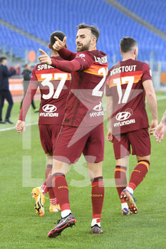 2021-01-23 - ROME, ITALY - January 23 : Borja Mayoral of AS Roma celebrates after Lorenzo Pellegrini scoring a goal during the Italian Serie A soccer match between AS Roma and Spezia at Stadio Olimpico on January 23,2021 in Rome, Italy - AS ROMA VS SPEZIA CALCIO - ITALIAN SERIE A - SOCCER