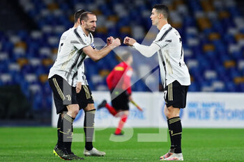 2021-02-13 - Giorgio Chiellini (L) and Cristiano Ronaldo (R) of Juventus greet each othe before the Italian championship Serie A football match between SSC Napoli and Juventus FC on February 13, 2021 at Diego Armando Maradona Stadium in Naples, Italy - Photo Federico Proietti / DPPI - SSC NAPOLI AND JUVENTUS FC - ITALIAN SERIE A - SOCCER