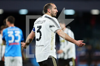 2021-02-13 - Giorgio Chiellini of Juventus reacts during the Italian championship Serie A football match between SSC Napoli and Juventus FC on February 13, 2021 at Diego Armando Maradona Stadium in Naples, Italy - Photo Federico Proietti / DPPI - SSC NAPOLI AND JUVENTUS FC - ITALIAN SERIE A - SOCCER