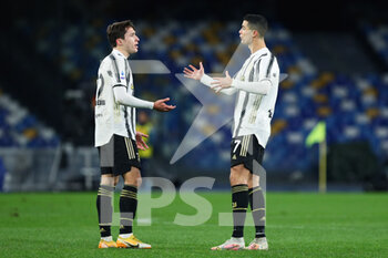 2021-02-13 - Federico Chiesa (L) and Cristiano Ronaldo (R) of Juventus talk each other during the Italian championship Serie A football match between SSC Napoli and Juventus FC on February 13, 2021 at Diego Armando Maradona Stadium in Naples, Italy - Photo Federico Proietti / DPPI - SSC NAPOLI AND JUVENTUS FC - ITALIAN SERIE A - SOCCER