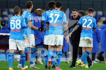 2021-02-13 - Gennaro Gattuso head coach of Napoli celebrates with his players at the end of the Italian championship Serie A football match between SSC Napoli and Juventus FC on February 13, 2021 at Diego Armando Maradona Stadium in Naples, Italy - Photo Federico Proietti / DPPI - SSC NAPOLI AND JUVENTUS FC - ITALIAN SERIE A - SOCCER