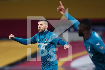2021-02-28 - Ante Rebic of Milan (L) celebrates after scoring the goal canceled by the referee during the Italian championship Serie A football match between AS Roma and AC Milan on February 28, 2021 at Stadio Olimpico in Rome, Italy - Photo Federico Proietti / DPPI - AS ROMA AND AC MILAN - ITALIAN SERIE A - SOCCER