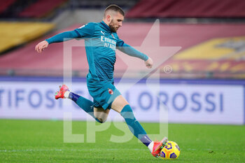 2021-02-28 - Ante Rebic of Milan kicks the ball during the Italian championship Serie A football match between AS Roma and AC Milan on February 28, 2021 at Stadio Olimpico in Rome, Italy - Photo Federico Proietti / DPPI - AS ROMA AND AC MILAN - ITALIAN SERIE A - SOCCER