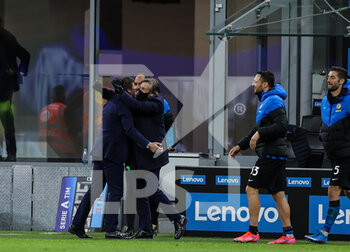 2021-04-07 - Head Coach of FC Internazionale Antonio Conte and Gabriele Oriali of FC Internazinale celebrate the victory during the Serie A 2020/21 football match between FC Internazionale vs US Sassuolo at the San Siro Stadium, Milan, Italy on April 07, 2021 - Photo FCI / Fabrizio Carabelli - INTER - FC INTERNAZIONALE VS US SASSUOLO - ITALIAN SERIE A - SOCCER
