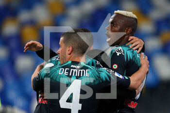 2021-04-18 - Lorenzo Insigne of Napoli (C) celebrates with Piotr Zielinski (L) and Victor Osimhen (R) after scoring 1-0 gol during the Italian championship Serie A football match between SSC Napoli and FC Internazionale on April 18, 2021 at Diego Armando Maradona Stadium in Naples, Italy - Photo Federico Proietti / DPPI - SSC NAPOLI VS INTER - FC INTERNAZIONALE - ITALIAN SERIE A - SOCCER