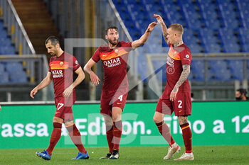 2021-04-22 - Bryan Cristante of AS Roma and Rick Karsdorp of AS Roma celebrates after scoring goal 1-1 seen in action during the Italian Football Championship League A 2020/2021 match between AS Roma vs Atalanta at the Olimpic Stadium in Rome. - AS ROMA VS ATALANTA BC - ITALIAN SERIE A - SOCCER