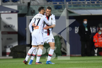 2021-05-12 - Davide Zappacosta (Genoa) celebrates after scoring a goal 0-1 with Lasse Schone (Genoa) - BOLOGNA FC VS GENOA CFC - ITALIAN SERIE A - SOCCER