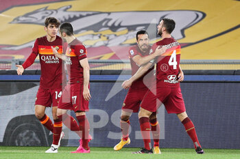 2021-05-15 - Pedro Rodriguez celebrates with his teammates after scoring 2-0 goal during the Italian championship Serie A football match between AS Roma and SS Lazio on May 15, 2021 at Stadio Olimpico in Rome, Italy - Photo Federico Proietti / DPPI - AS ROMA VS SS LAZIO - ITALIAN SERIE A - SOCCER