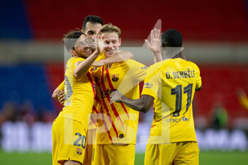 2021-04-17 - Sergi Roberto, Sergio Busquets and Frenkie de Jong of Barcelona celebrate at the final whistle during the Spanish Cup, Copa Del Rey, Final football match between Athletic Club and FC Barcelona on April 17, 2021 at Estadio de La Cartuja in Seville, Spain - Photo Joaquin Corchero / Spain DPPI / DPPI - FINAL - ATHLETIC CLUB VS FC BARCELONA - SPANISH CUP - SOCCER