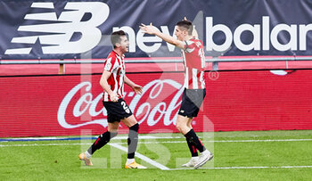 2021-02-07 - Jon Morcillo and Oihan Sancet of Athletic Club celebrating a own goal of Hugo Guillamon during the Spanish championship La Liga football match between Athletic Club and Valencia CF on February 7, 2021 at San Mames stadium in Bilbao, Spain - Photo Inigo Larreina / Spain DPPI / DPPI - ATHLETIC CLUB AND VALENCIA CF - SPANISH LA LIGA - SOCCER