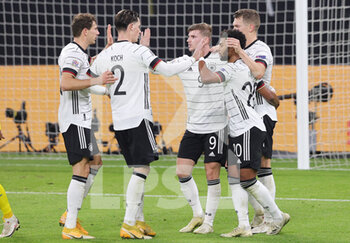 2020-11-15 - Timo Werner of Germany celebrates after the 3-1 goal with teammates during the UEFA Nations League, qualifying football match between Germany and Uktaine on November 14, 2020 at Red Bull Arena in Leipzig, Germany - Photo Ralf Ibing / firo Sportphoto / DPPI - GERMANY VS UKRAINE - UEFA NATIONS LEAGUE - SOCCER