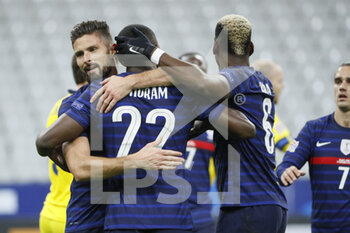 2020-11-17 - Olivier Giroud (FRA) scored a goal, celebration with decisive pass from Marcus Thuram (FRA), Paul Pogba (FRA) during the UEFA Nations League football match between France and Sweden on November 17, 2020 at Stade de France in Saint-Denis, France - Photo Stephane Allaman / DPPI - FRANCE VS SWEDEN - UEFA NATIONS LEAGUE - SOCCER