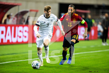 2020-11-17 - Timo Werner of Germany and Sergio Ramos of Spain during the UEFA Nations league football match between Spain and Germany on November 17, 2020 at the la Cartuja Stadium in Sevilla, Spain - Photo Joaquin Corchero / Spain DPPI / DPPI - SPAIN VS GERMANY - UEFA NATIONS LEAGUE - SOCCER
