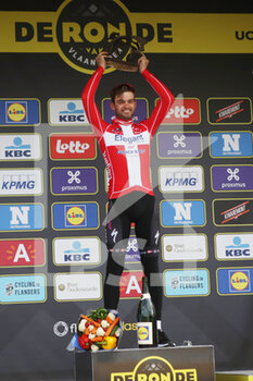 04/04/2021 - Podium Kasper Asgreen of Deceucink - Quick Step winner during the UCI Ronde van Vlaanderen - Tour des Flandres 2021, cycling race, Antwerp - Oudenaarde on April, 4, 2021 in Oudenaarde, Belgium - Photo Laurent Lairys / DPPI - TOUR DES FLANDRES 2021 - ANTWERP - OUDENAARDE - STRADA - CICLISMO