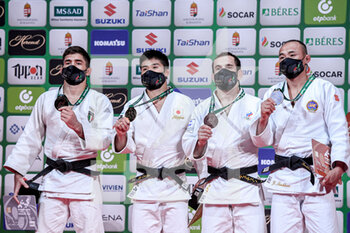 2021-06-07 - Manuel Lombardo of Italy winner of the silver medal, Joshiro Maruyama of Japan winner of the gold medal, Yakub Shamilov of Russia winner of the bronze medal, Baskhuu Yondonperenlei of Mongolia winner of the bronze medal during the IJF World Judo Championships 2021 on June 7, 2021 at Budapest Sports Arena in Budapest, Hungary - Photo Yannick Verhoeven / Orange Pictures / DPPI - IJF WORLD JUDO CHAMPIONSHIPS 2021 - JUDO - CONTACT