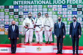 2021-06-12 - Former prime minister of France MR Jean Pierre Raffarin, Sarah Asahina of Japan, Beatriz Souza of Brazil, Maria Suelen Altheman of Brazil during the medal ceremony for +78 women during the IJF World Judo Championships 2021 on June 12, 2021 at Budapest Sports Arena in Budapest, Hungary - Photo Yannick Verhoeven / Orange Pictures / DPPI - IJF WORLD JUDO CHAMPIONSHIPS 2021 - JUDO - CONTACT
