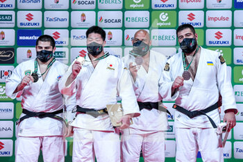 2021-06-12 - Tamerlan Bashaev of Russia with the silver medal, Kokoro Kageura of Japan with the gold medal, Roy Meyer of Netherlands with the bronze medal, Yakiv Khammo of Ukraine with the bronze medal during the medal ceremony +100 men during the IJF World Judo Championships 2021 on June 12, 2021 at Budapest Sports Arena in Budapest, Hungary - Photo Yannick Verhoeven / Orange Pictures / DPPI - IJF WORLD JUDO CHAMPIONSHIPS 2021 - JUDO - CONTACT