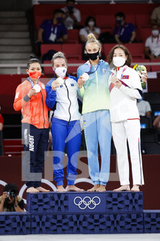 2021-07-24 - Funa TONAKI (JPN) 2nd Silver Medal, KRASNIQI Distria (KOS) winner Gold Medal, BILODID Daria 3rd Bronze Medal, MUNKHBAT Urantsetseg (MGL) 3rd Bronze Medal during the Olympic Games Tokyo 2020, Judo Women -48 kg Medal Ceremony on July 24, 2021 at Nippon Budokan in Tokyo, Japan - Photo Photo Kishimoto / DPPI - OLYMPIC GAMES TOKYO 2020, JULY 24, 2021 - OLYMPIC GAMES TOKYO 2020 - OLYMPIC GAMES
