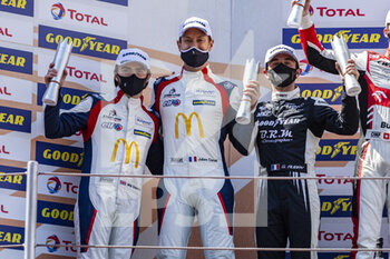 2021-04-18 - 65 Canal Julien (fra), Stevens Will (gbr), Aubry Gabriel (fra), Panis Racing, Oreca 07 - Gibson, portrait at podium during the 2021 4 Hours of Barcelona, 1st round of the 2021 European Le Mans Series, from April 15 to 17, 2021 on the Circuit de Barcelona-Catalunya, in Montmelo, near Barcelona, Spain - Photo Xavi Bonilla / DPPI - 2021 4 HOURS OF BARCELONA, 1ST ROUND OF THE 2021 EUROPEAN LE MANS SERIES - ENDURANCE - MOTORS