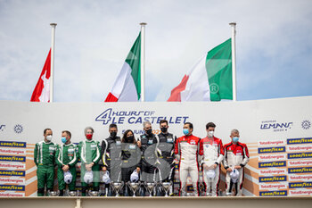 2021-06-06 - 80 Matteo Cressoni (ITA), Rino Mastronardi (ITA), Miguel Molina (ESP), Ferrari 488 GTE EVO IRON LYNX, 55 Duncan Cameron (GBR), Matthew Griffin (IRL), David Perel (ZAF), Ferrari 488 GTE EVO SPIRIT OF RACE, 88 François Perrodo (FRA), Emmanuel Collard (FRA), Alessio Rovera (ITA), Ferrari 488 GTE EVO AF CORSE, podium during the 2021 4 Hours of Le Castellet, 3rd round of the 2021 European Le Mans Series, from June 04 to 06, 2021 on the Circuit Paul Ricard, in Le Castellet, France - Photo Germain Hazard / DPPI - 2021 4 HOURS OF LE CASTELLET, 3RD ROUND OF THE 2021 EUROPEAN LE MANS SERIES - ENDURANCE - MOTORS