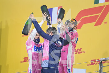 2020-12-06 - podium STEVENSON Andy, Sporting Director of Racing Point F1, STROLL Lance (can), Racing Point F1 RP20, PEREZ Sergio (mex), Racing Point F1 RP20, portrait during the Formula 1 Rolex Sakhir Grand Prix 2020, from December 4 to 6, 2020 on the Bahrain International Circuit, in Sakhir, Bahrain - Photo DPPI - FORMULA 1 ROLEX SAKHIR GRAND PRIX 2020 - SUNDAY - FORMULA 1 - MOTORS