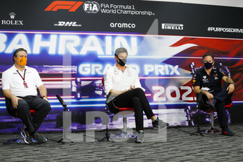 2021-03-26 - BROWN Zak (usa), Chief People & IT Officer of McLaren Racing, WOLFF Toto (aut), Team Principal & CEO Mercedes AMG F1 GP, HORNER Christian (gbr), Team Principal of Red Bull Racing, portrait, press conference during Formula 1 Gulf Air Bahrain Grand Prix 2021 from March 26 to 28, 2021 on the Bahrain International Circuit, in Sakhir, Bahrain - Photo Frédéric Le Floc?h / DPPI - FORMULA 1 GULF AIR BAHRAIN GRAND PRIX 2021 - FORMULA 1 - MOTORS
