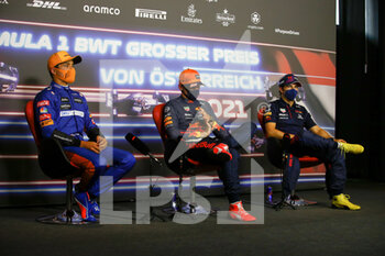 2021-07-03 - VERSTAPPEN Max (ned), Red Bull Racing Honda RB16B, portrait with NORRIS Lando (gbr), McLaren MCL35M and PEREZ Sergio (mex), Red Bull Racing Honda RB16B during the press conference of the Formula 1 Grosser Preis Von Osterreich 2021, 2021 Austrian Grand Prix, 9th round of the 2021 FIA Formula One World Championship from July 2 to 4, 2021 on the Red Bull Ring, in Spielberg, Austria - Photo Joao Filipe / DPPI - FORMULA 1 GROSSER PREIS VON OSTERREICH 2021, 2021 AUSTRIAN GRAND PRIX - FORMULA 1 - MOTORS