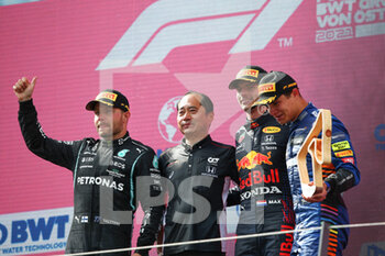 2021-07-04 - VERSTAPPEN Max (ned), Red Bull Racing Honda RB16B, portrait, podium with BOTTAS Valtteri (fin), Mercedes AMG F1 GP W12 E Performance and NORRIS Lando (gbr), McLaren MCL35M and Honda F1 technical director Toyoharu Tanabe during the Formula 1 Grosser Preis Von Osterreich 2021, 2021 Austrian Grand Prix, 9th round of the 2021 FIA Formula One World Championship from July 2 to 4, 2021 on the Red Bull Ring, in Spielberg, Austria - Photo Joao Filipe / DPPI - FORMULA 1 GROSSER PREIS VON OSTERREICH 2021, 2021 AUSTRIAN GRAND PRIX - FORMULA 1 - MOTORS