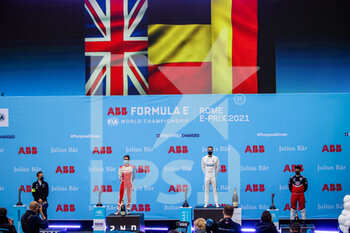 2021-04-11 - VANDOORNE Stoffel (bel), Mercedes-Benz EQ Formula E Team, Mercedes-Benz EQ Silver Arrow 02, portrait SIMS Alexander (gbr), Mahindra Racing, Mahinda M7Electro, portrait WEHRLEIN Pascal (ger), TAG Heuer Porsche Formula E Team, Porsche 99X Electric, portrait podium during the 2021 Rome ePrix, 4th round of the 2020-21 Formula E World Championship, on the Circuito Cittadino dell'EUR from April 9 to 11, in Rome, Italy - Photo Germain Hazard / DPPI - 2021 ROME EPRIX, 4TH ROUND OF THE 2020-21 FORMULA E WORLD CHAMPIONSHIP - FORMULA E - MOTORS
