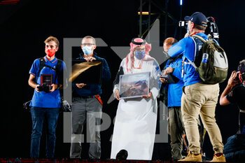 2021-01-15 - Emilie-Poucan Price giving ceremony during the finishing podium ceremony at the King Abdullah International Stadium in Jeddah, in Saudi Arabia on January 15, 2021 - Photo Frédéric Le Floc'h / DPPI - 12TH STAGE OF THE DAKAR 2021 BETWEEN YANBU AND JEDDAH - RALLY - MOTORS