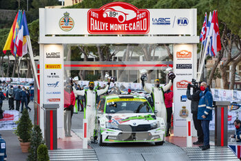 2021-01-24 - 25 Andreas MIKKELSEN (NOR), Ola FLOENE (NOR), TOKSPORT WRT SKODA Fabia Evo, RC2 Rally2, podium, portrait during the 2021 WRC World Rally Car Championship, Monte Carlo rally on January 20 to 24, 2021 at Monaco - Photo GrÃ©gory Lenormand / DPPI - 2021 WRC WORLD RALLY CAR CHAMPIONSHIP, MONTE CARLO - SUNDAY - RALLY - MOTORS
