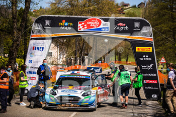 2021-04-25 - 16 Fourmaux Adrien (fra), Jamoul Renaud (bel), M-Sport Ford World Rally Team, Ford Fiesta WRC, ambiance arrivee, finish line during the 2021 Croatia Rally, 3rd round of the 2021 FIA WRC, FIA World Rally Car Championship, from April 22 to 25, 2021 in Zagreb, Croatia - Photo Bastien Roux / DPPI - 2021 CROATIA RALLY, 3RD ROUND OF THE 2021 FIA WRC, WORLD RALLY CAR CHAMPIONSHIP - RALLY - MOTORS