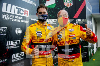 2020-10-18 - BERTHON Nathanael (fra), Comtoyou DHL Team Audi Sport, Audi LMS, portrait, CORONEL Tom (ned), Comtoyou DHL Team Audi Sport, Audi LMS, portrait podium RACE 3 during the 2020 FIA WTCR Race of Hungary, 4th round of the 2020 FIA World Touring Car Cup, on the Hungaroring, from October 16 to 18, 2020 in Mogyor.d, Budapest, Hungary - Photo Paulo Maria / DPPI - 2020 FIA WTCR RACE OF HUNGARY, 4TH ROUND OF THE 2020 WORLD TOURING CAR CUP - SUNDAY - GRAND TOURISM - MOTORS
