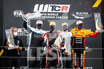 05/06/2021 - Podium of race 1: Monteiro Tiago (por), ALL-INKL.DE Munnich Motorsport, Honda Civic Type R TCR (FK8), Muller Yvan (fra), Cyan Racing Lynk & Co, Lync & Co 03 TCR, Urrutia Santiago (uru), Cyan Performance Lynk & Co, Lync & Co 03 TCR, Coronel Tom (ndl), Comtoyou DHL Team Audi Sport, Audi RS 3 LMS TCR (2021), portrait during the 2021 FIA WTCR Race of Germany, 1st round of the 2021 FIA World Touring Car Cup, on the Nurburgring Nordschleife, from June 3 to 6, 2021 in Nurburg, Germany - Photo Florent Gooden / DPPI - 2021 FIA WTCR RACE OF GERMANY, 1ST ROUND OF THE 2021 FIA WORLD TOURING CAR CUP - TURISMO E GRAN TURISMO - MOTORI